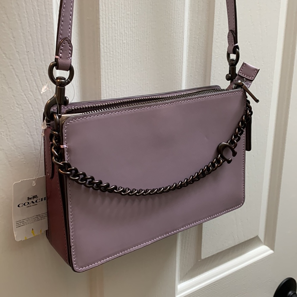 Coach Color-block Signature Chain Crossbody Purple Leather